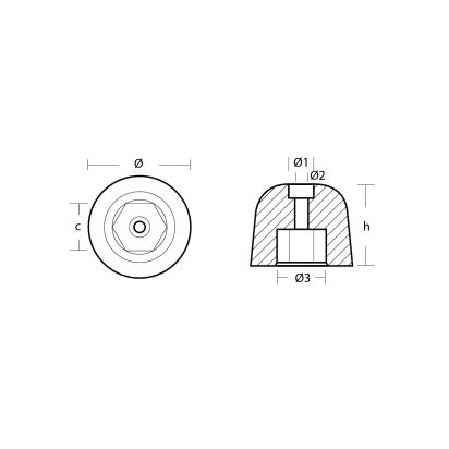 Zinc Vetus hexagonal propeller nut Ø 50 H.41