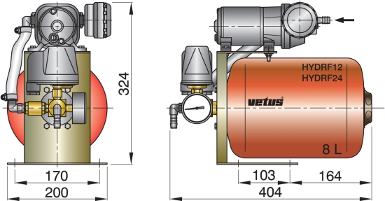 Hydrophoor 24V 8ltr tank incl drukregelaar