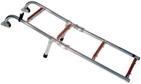 RVS Zwemtrap  2+2-Treden met Teakhout bekleed  afm. uitgeklapt 235x880mm  buis Ø22mm